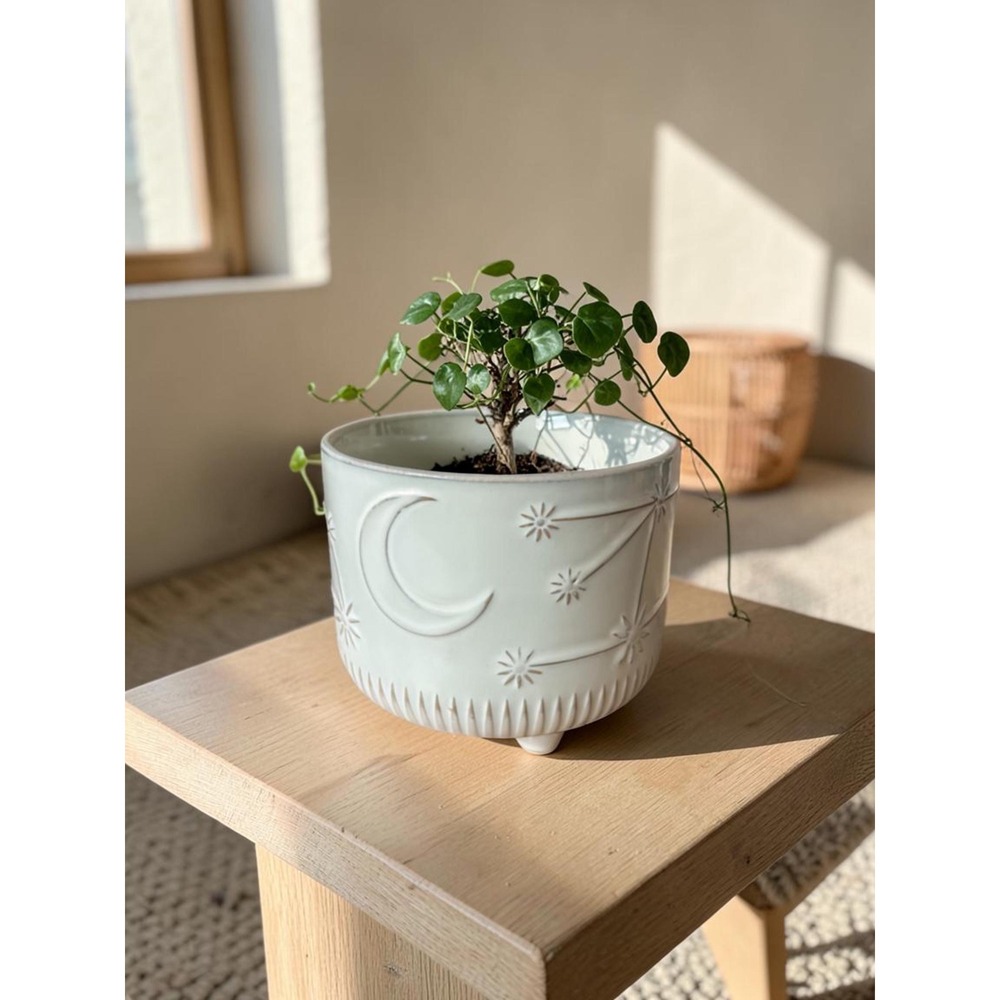 Vintage Celestial Planter - Moon and Stars Ceramic Pot - White Footed Planter